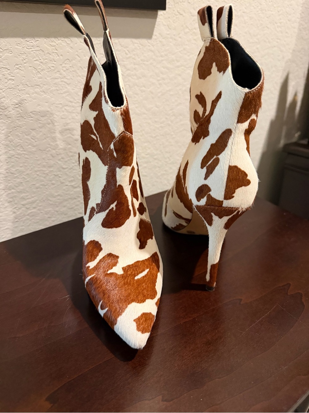 Jessica Simpson Cow-Print Pointed Stiletto Ankle Boots - Brown & White
